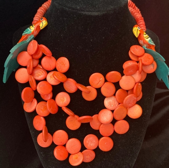 Vintage Hawaiian Coconut Shell Parrot Necklace Carved Multistrand Chunky Tiki - Picture 1 of 12